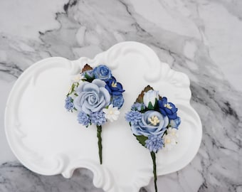 Blue & Royal Blue Wedding Flower Boutonniere, Rustic Groom Groomsmen Flowers, Prom Lapel Pin