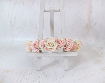 Ivory blush wedding flower crown, floral headpiece, flower halo, bridesmaids flower girl hair wreath, headdress