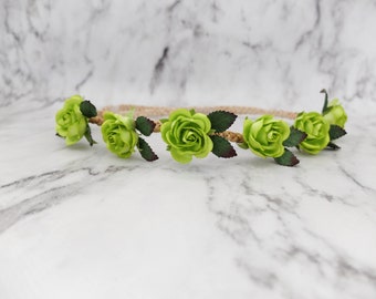 Green flower hair wreath, wedding floral hair accessories, halo flower girls