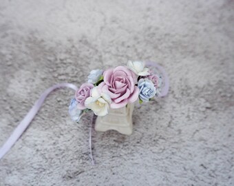 Lilac & Light Blue Flower Wrist Corsage: Wedding Bridesmaid Accessory