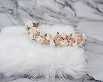 Champagne ivory white flower crown, minimal floral hair wreath, flower headpiece, flower hair accessories, flower girls, wedding bridal