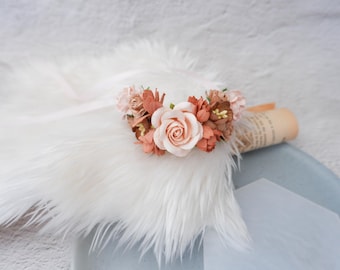 Blush Rose Wrist Corsage: Brown Accent Flowers, Bridesmaid Accessory