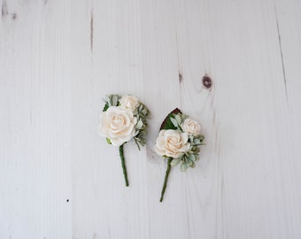 Soft white sage green flower boutonniere, buttonhole, wedding accessories prom corsage