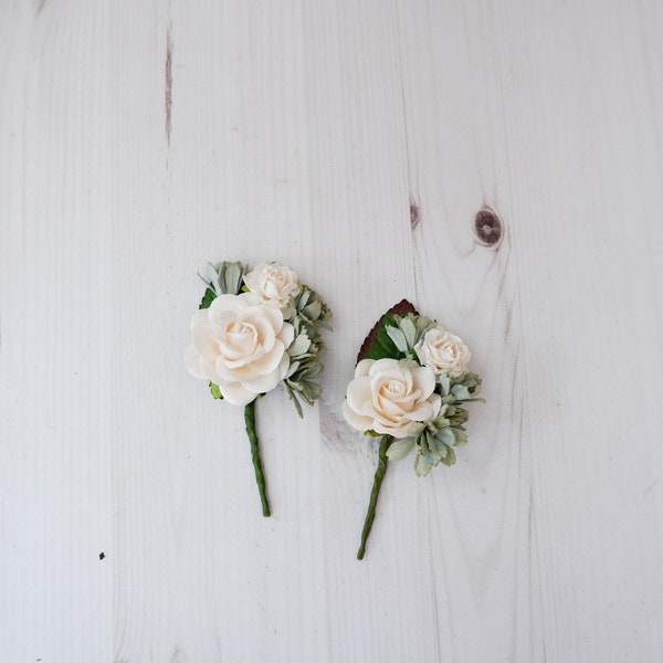 Soft white sage green flower boutonniere, buttonhole, wedding accessories prom corsage