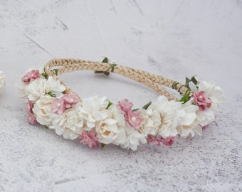 White mauve flower crown ribbon, wedding headpiece, hair wreath, flower hair accessories, flower girls