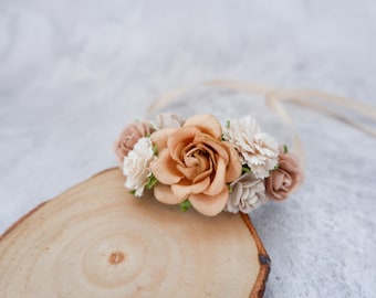 Earth Tone Wrist Corsage, Warm Beige Paper Flower Bracelet, Sand & Ivory Bridal Corsage with Ribbon, Boho Wedding Accessories