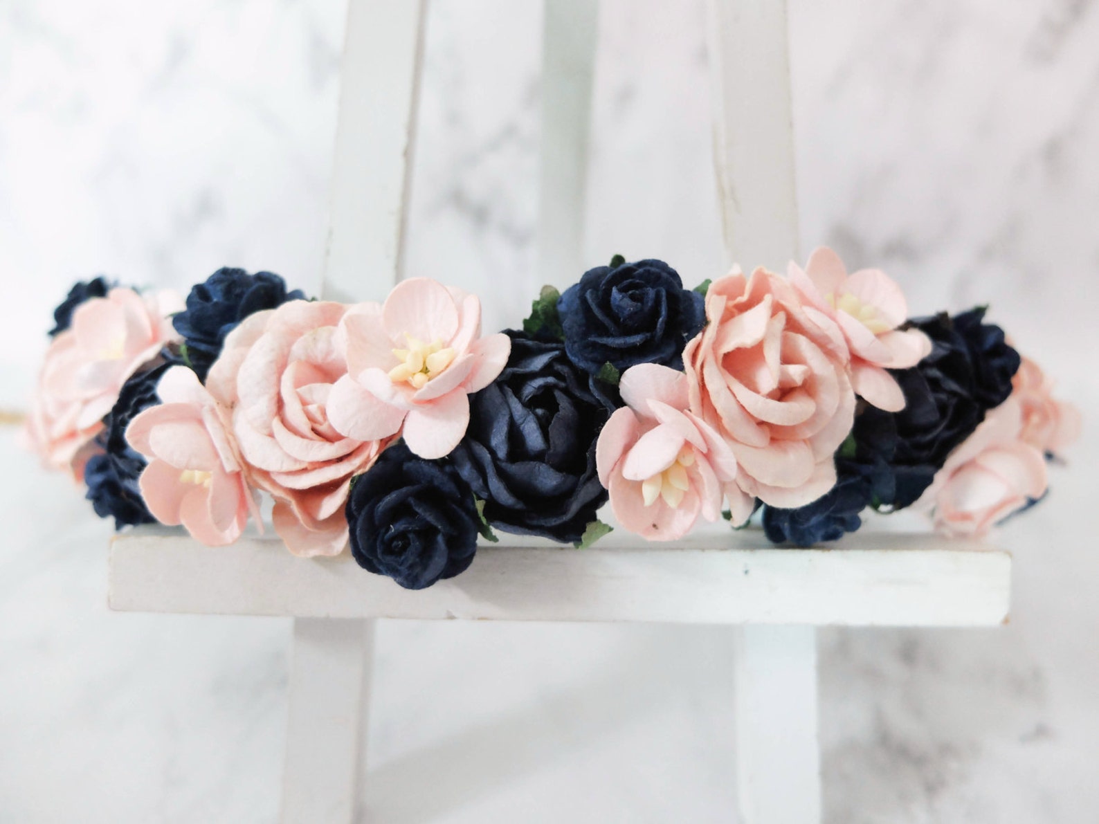 Navy blue and blush pink flower crown wedding floral hair Etsy