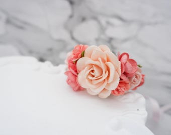 Romantic Blush Coral Rose Flower Bracelet, Soft Peachy Floral Wristlet for Wedding or Formal Events