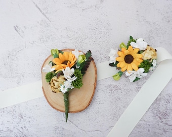 Sunflower wedding prom corsage, boutonnière, accessories