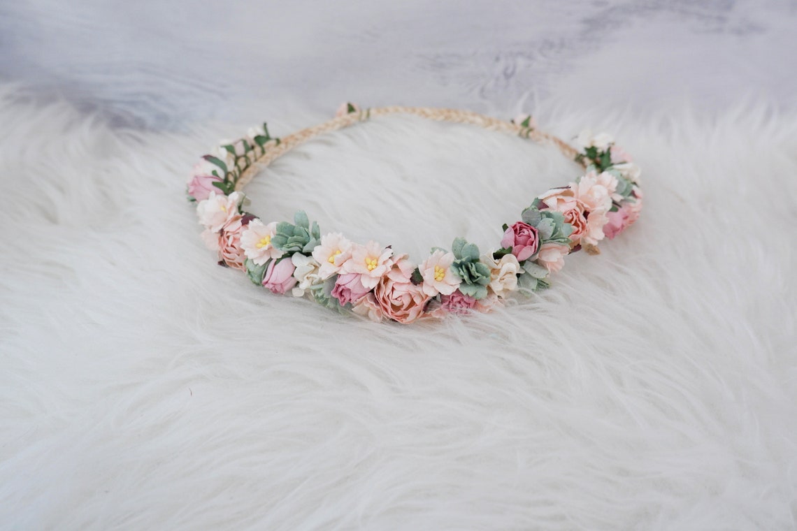 Dusty Pink Blush Flower Crown Wedding Floral Headpiece Fall | Etsy