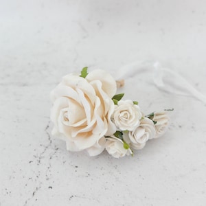 Soft white wedding flower wrist corsage, bridal accessories flower girls bridesmaids, flower bracelet mother of the groom bride, prom