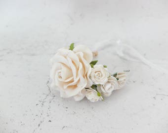 Soft white wedding flower wrist corsage, bridal accessories flower girls bridesmaids, flower bracelet mother of the groom bride, prom