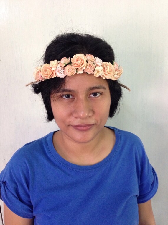 Women\'s Peach Fabric Floral Headband Flat Elastic Headband, Beige & Peach Floral - Polina Couture main image 4