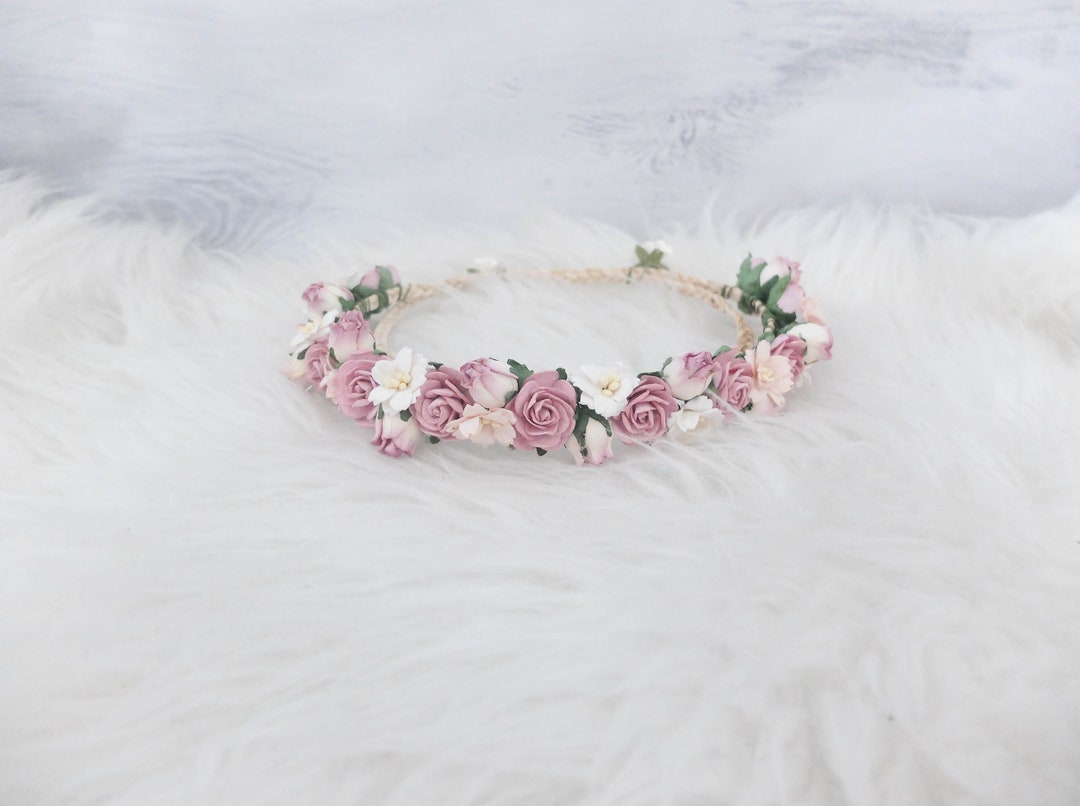 Dusty Pink Rose Bridal Flower Crown, Minimal Wedding Floral Headpiece