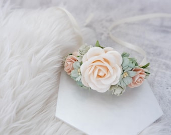 Sage Green and Peach Wrist Corsage, Champagne Rose Flower Bracelet, Bridesmaid Bracelet, Botanical Wedding