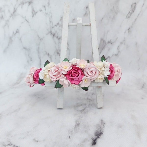 Light pink fushia flower crown, floral headpiece, fall wedding hair garland, effortless bridal floral wreath