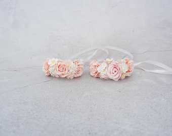 Light pink blush flower wrist corsage, wedding accessories flower girls bridesmaids, flower bracelet