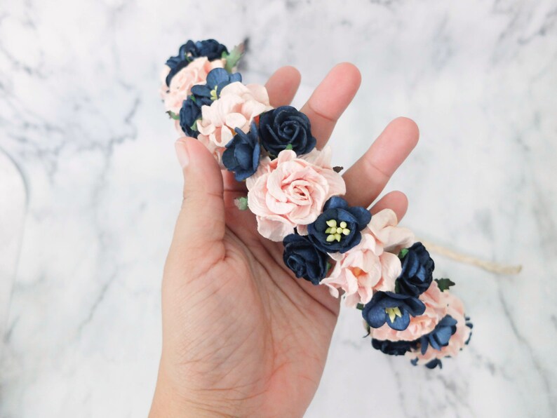 flower headpiece for girls flower hair accessories wedding floral hair wreath Navy blue and pink flower crown