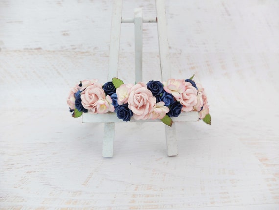 flower headpiece for girls flower hair accessories wedding floral hair wreath Navy blue and pink flower crown