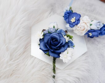 Royal Blue Boutonniere and Wrist Corsage, Flower Bracelet, Groom Groomsmen Buttonhole
