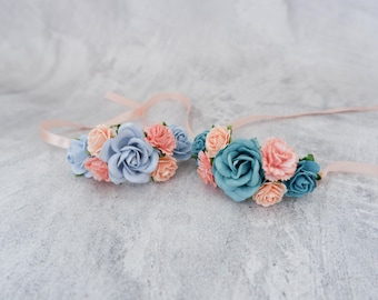 Handcrafted Flower Wrist Corsage, Rustic Boho Wedding Accessory (Light Blue, Teal, Coral Peach)