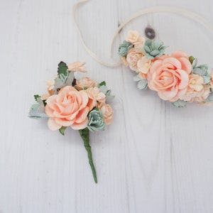 Soft peach corsage, wrist corsage, boutonniere, wedding prom accessories