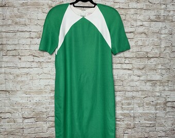 Vintage Color Block Green White Dress Sz 14 Sheath Career Classic Elegant