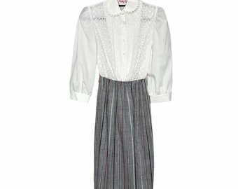 Vtg 70s Cathy Sue White Gray poly knit modest dress puff sleeves lace bib 8