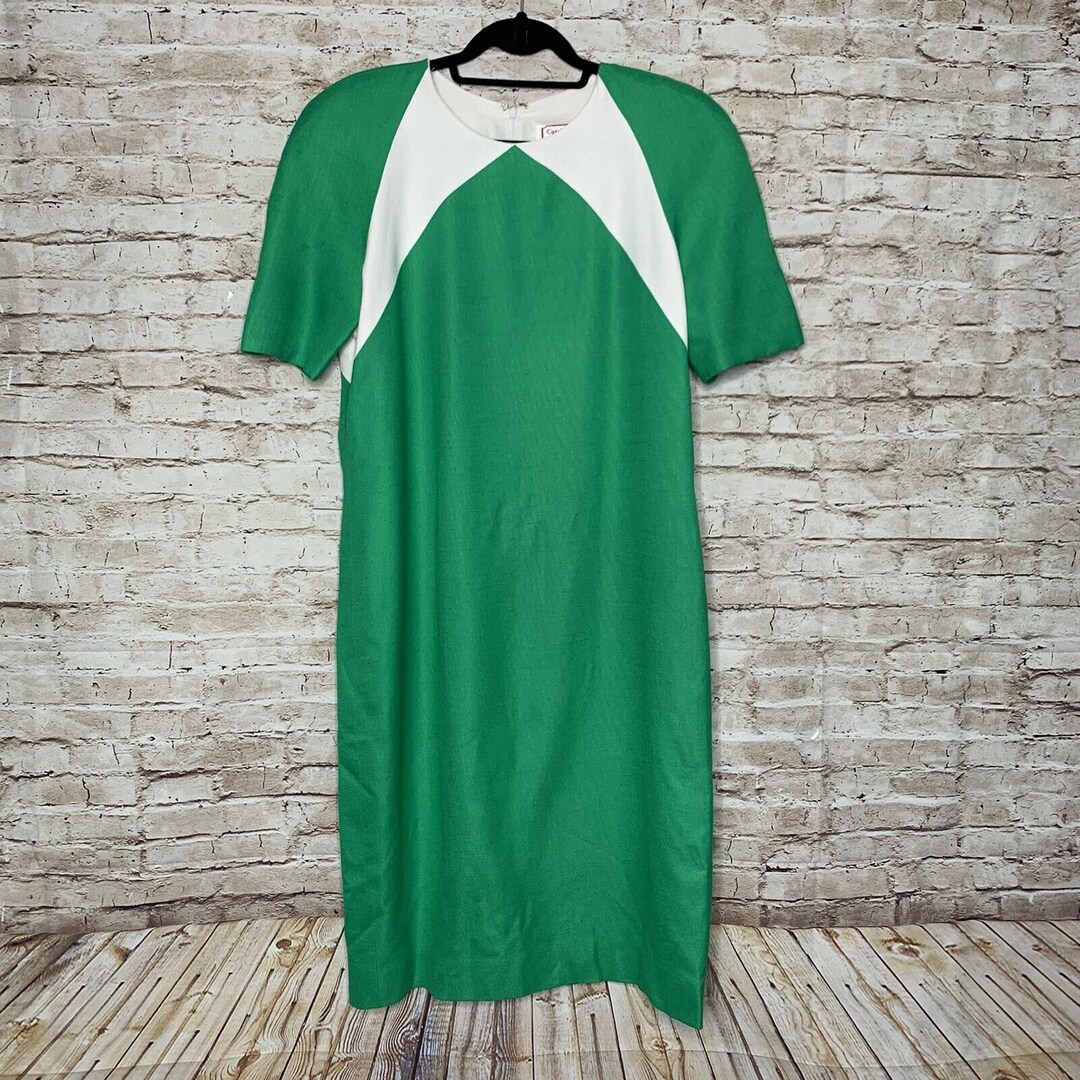 Vintage Color Block Green White Dress Sz 14 Sheath Career Classic — free download
