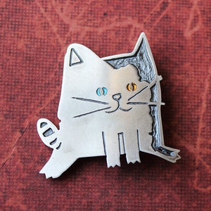 Handmade Sterling Silver Cat Brooch Pin, MAY, Patinated, Hand Painted, Hand Engraved, Silver Cat, Contemporary Silver, Wearable art