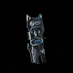 FRANK THE DOG, Handmade Sterling Silver (925) Dog Ring, Patinated, Hand Painted, Hand Engraved, Adjustable, Easter Gift