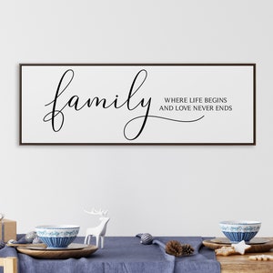 Family is Where Life Begins and Love Never Ends Large Framed Wood Sign Housewarming Gift for Her Living Room Home Decor
