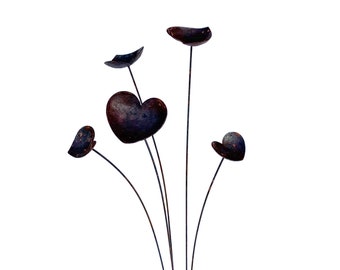 Metal Garden Art, Rusty Heart Flowers with stake, Garden Gift for Birthday or Anniversary