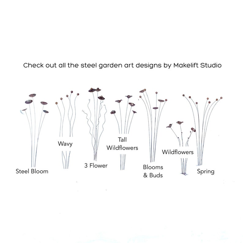 K&ouml;nnte beinhalten: Eine Sammlung von Stahl-Gartenkunst-Designs mit verschiedenen Stilen von Wildblumen. Die Designs umfassen "Steel Bloom", "Wavy", "3 Flower", "Tall Wildflowers", "Wildflowers", "Blooms & Buds" und "Spring".