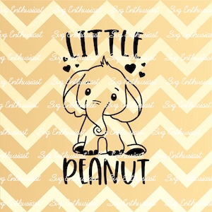 May include: Black and white illustration of a cute cartoon elephant with the text "Little Peanut" above it. There are small hearts above the elephant's head.