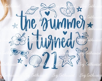 Der Sommer, in dem ich 21 wurde (SVG), Sommer für Bücherwürmer (PNG), T-Shirt für das Geburtstagskind „Coquette“, Bügelbild