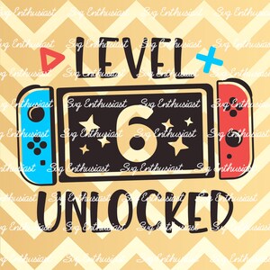 May include: A black and white graphic with a Nintendo Switch controller and the text "Level 6 Unlocked" in a black and white font. The background is a yellow and brown chevron pattern.