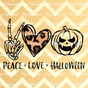 Peace love Halloween SVG, Halloween shirt SVG, Pumpkin SVG, Cuttable file, Iron on file, Clip Art, leopard print png
