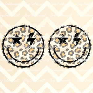 Leopard Lightning bolt smile face PNG, retro png, Distressed Lightning bolt star smile face digital download sublimation, leopard png