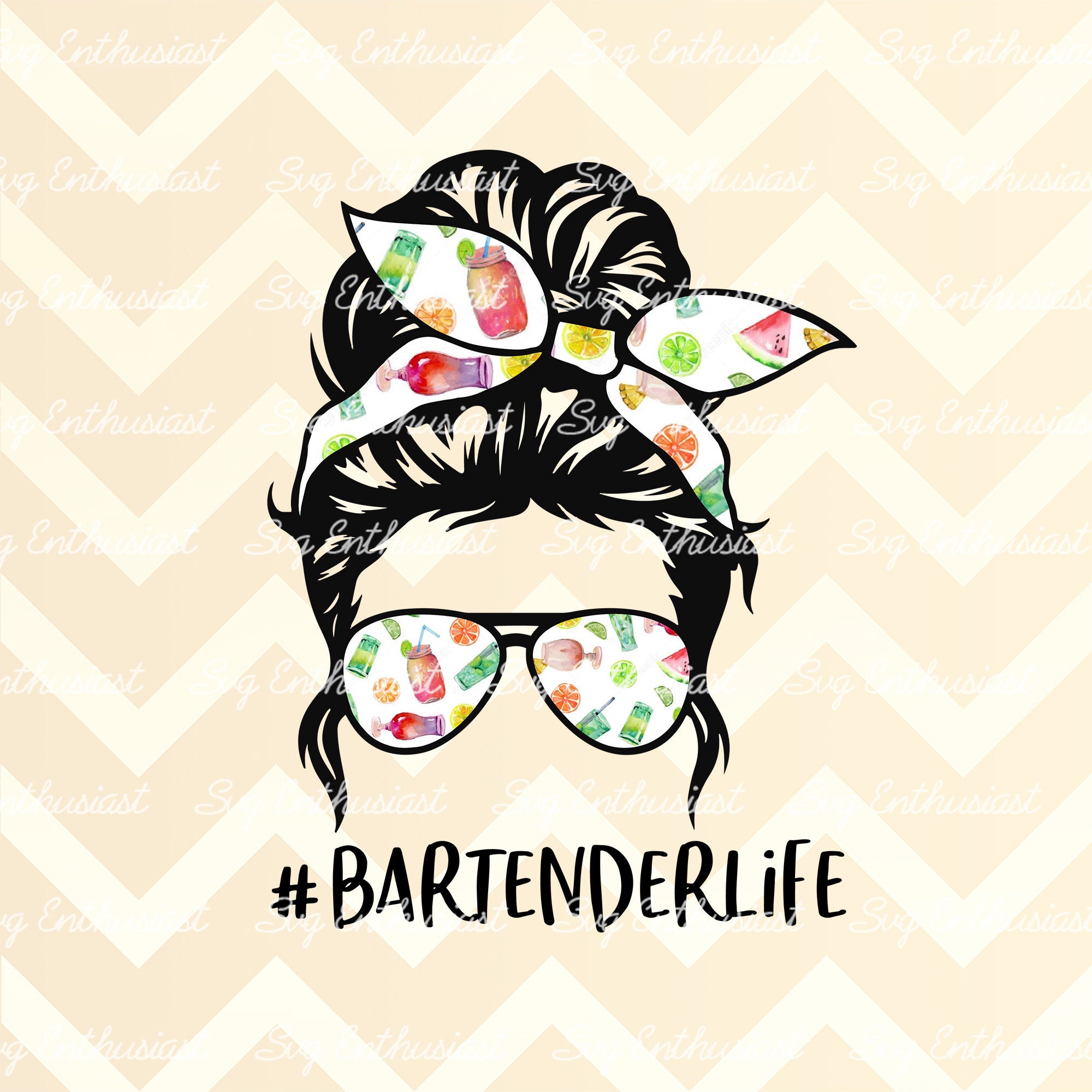 Bartender life messy bun PNG, download digital de caveira de bartender, transferência de sublimação de tiara de coquetéis, design de coque bagunçado e óculos
