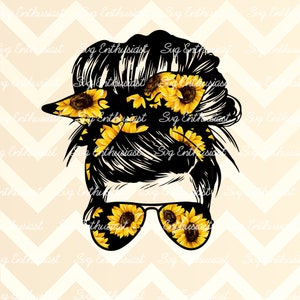 Sunflower messy bun PNG, Mom skull digital download, Aunt sunflower headband sublimation transfer, Messy bun sunglasses design