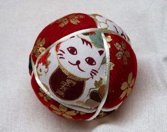 2.5 Inch Diameter Japanese Kimekomi Ball (Quilted Ornamental Ball), Maneki Neko (Fortune/Money Cat) Motif