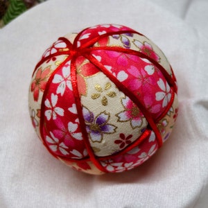 3 Inch Diameter Japanese Kimekomi Ball (Quilted Ornamental Ball), Red and Beige Cherry Blossom Patterned Panels