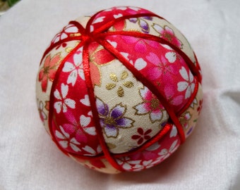 3 Inch Diameter Japanese Kimekomi Ball (Quilted Ornamental Ball), Red and Beige Cherry Blossom Patterned Panels