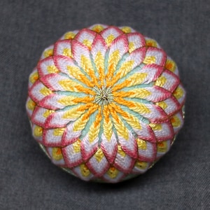 3.0 Inch Diameter Japanese Temari Ball (Embroidered Ornamental Ball), Light Pink-Edged White Floral Pattern on Mint Green Ball