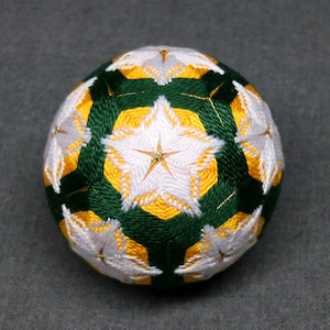 3 Inch Diameter Japanese Temari Ball (Embroidered Ornamental Ball), Gold & Green Interwoven White Floral Pattern