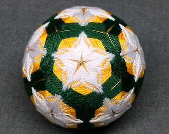 3 Inch Diameter Japanese Temari Ball (Embroidered Ornamental Ball), Gold & Green Interwoven White Floral Pattern