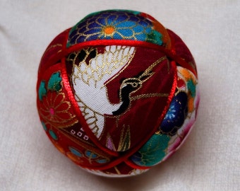 2.5 Inch Diameter Japanese Kimekomi Ball (Quilted Ornamental Ball), Colorful Ball with Tsuru Japanese Crane Motif