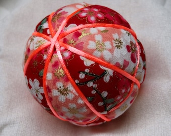 3 Inch Diameter Japanese Kimekomi Ball (Quilted Ornamental Ball), Red and Pink Sakura Cherry Blossom Patterns