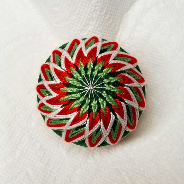 2.5 Inch Diameter Temari (Japanese Embroidered Ornamental Ball), Red, Green, White Swirl Pattern On Dark Green Ball